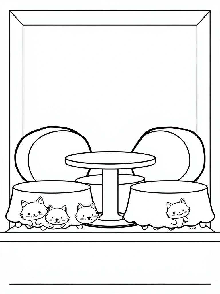 Line art of a framed round pedestal table with four cloth-covered stools and cats peeking from underneath.