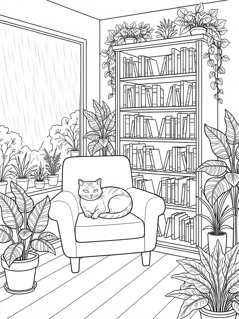 Line art of a tabby cat on an armchair in a corner room with bookshelves, many potted plants, vines, rainy window, and wooden floor.