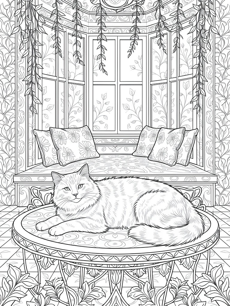 Line art coloring page of a tabby cat lounging on a round table in a detailed bay window with vines, flowers, cushions, and ornate patterns.