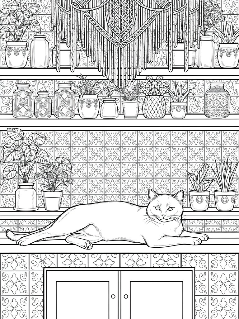 Line art coloring page of a cat stretched on a kitchen counter beneath shelves with plants, jars, macrame, and tiled backsplash.