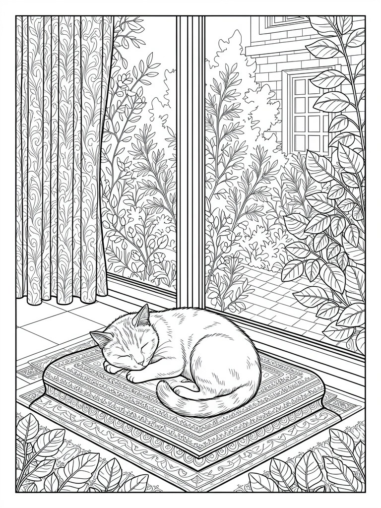 Line drawing of a sleeping cat on a cushion by a window showing plants, curtains, and exterior brick building.