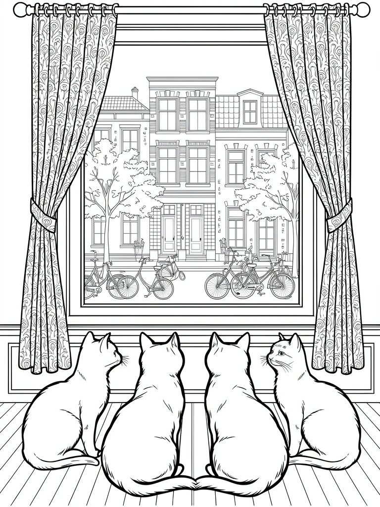 Line drawing of four cats on a floor gazing through patterned curtains at a street scene with townhouses, trees, and bicycles.