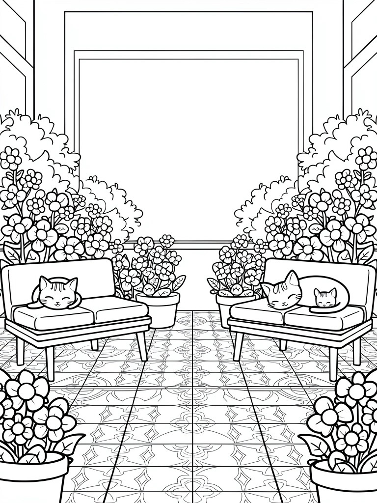 Line art of two sleeping cats on benches in a symmetrical tiled patio surrounded by bushes and potted flowers under an open archway.
