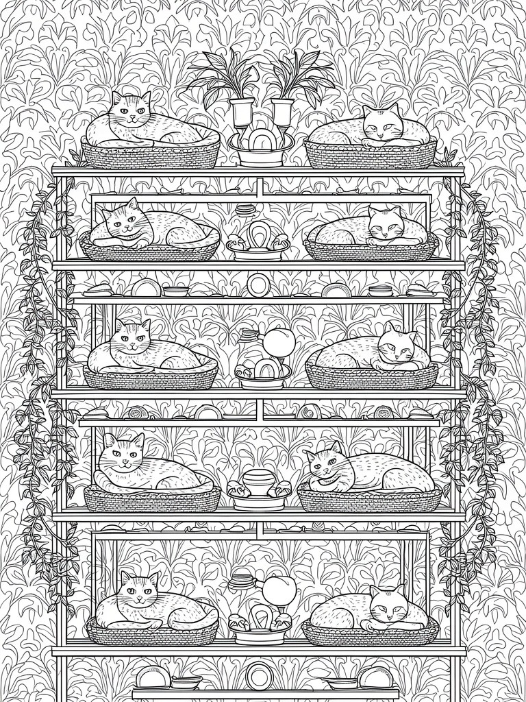 Line art of cats in baskets on a five-shelf unit against intricate floral wallpaper with vines and decor.