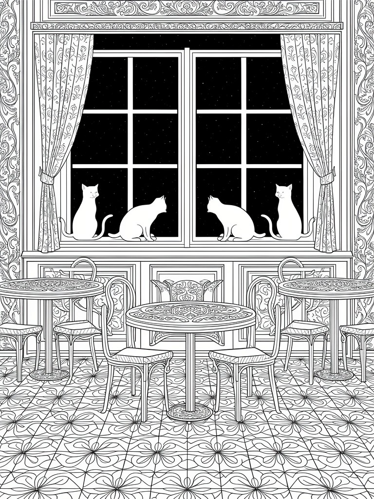 Line drawing of ornate cafe room with starry night window, four cats on sill, and small tables with chairs on patterned floor.