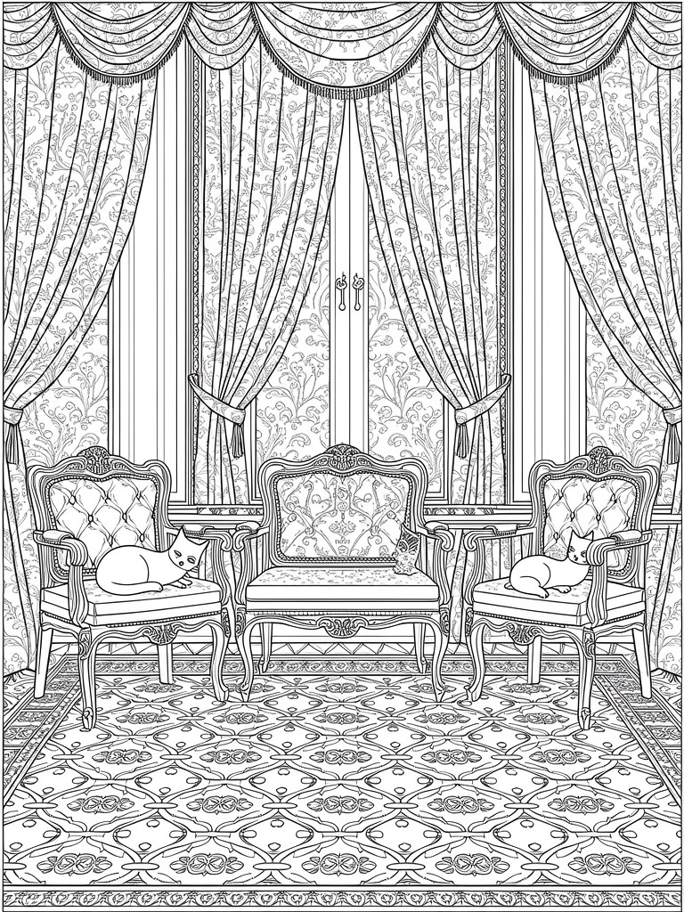Black line art of a fancy parlor with patterned curtains on windows, rug, antique chairs holding cats, and a central table.