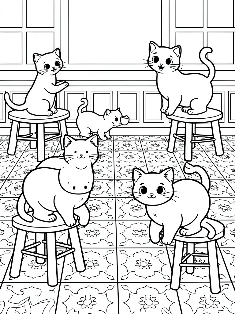 Line drawing of six cartoon cats in various poses on and around stools in a room with patterned tile floor and large windows.