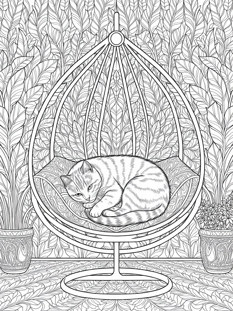 Line art of a tabby cat sleeping curled up in a hanging egg chair, surrounded by dense feathery leaf patterns and flanked by potted plants.