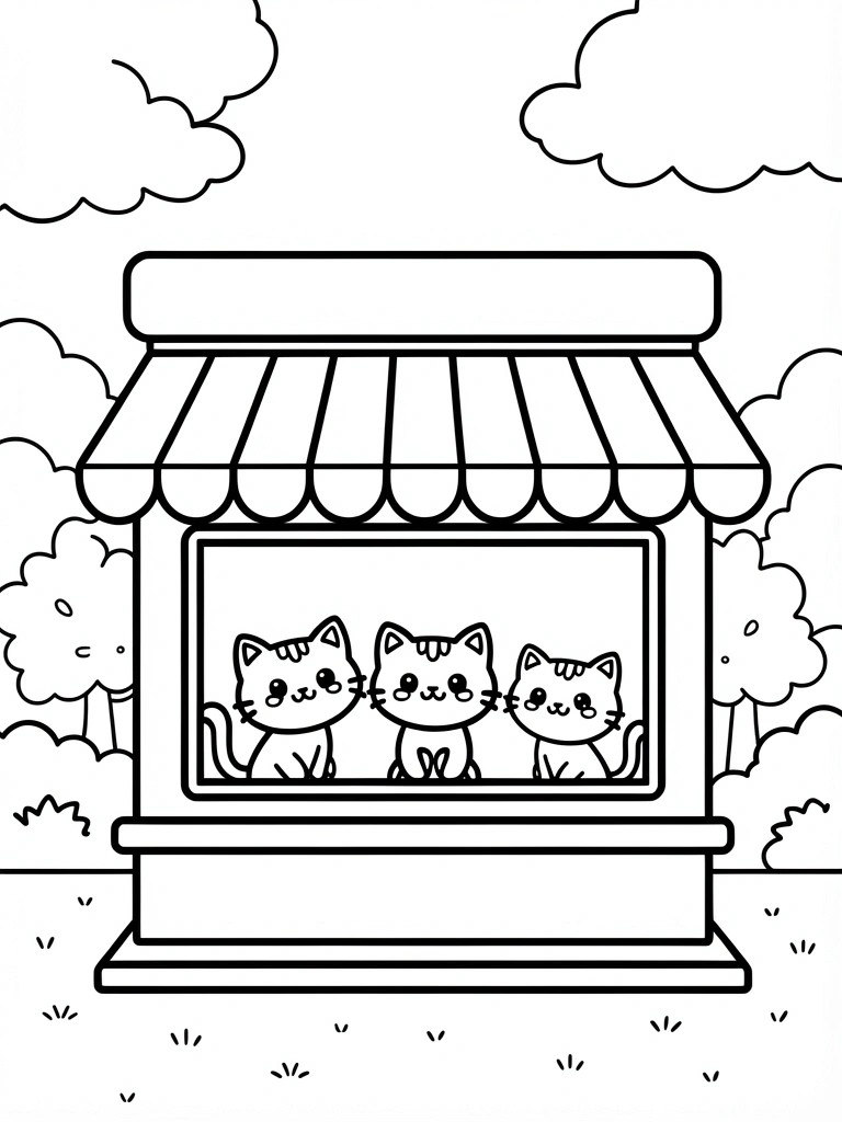 Line drawing of three cats sitting in the window of an outdoor shop kiosk with awning, surrounded by clouds, trees, and grass.
