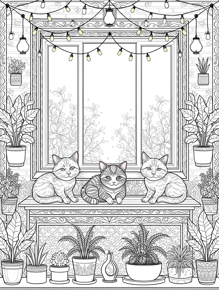 Line art of three cats sitting on a windowsill inside a room full of plants, pots, string lights, and window frames.