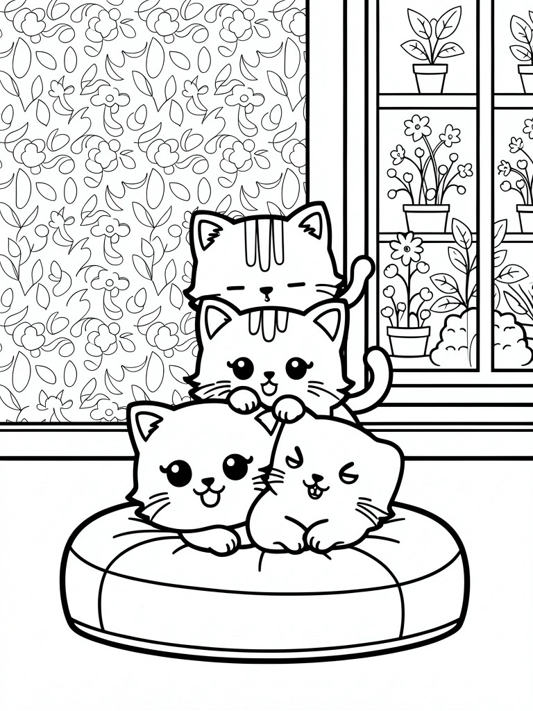 Line art of three cute kittens stacked on a round cushion in front of a window with potted plants and a patterned screen.