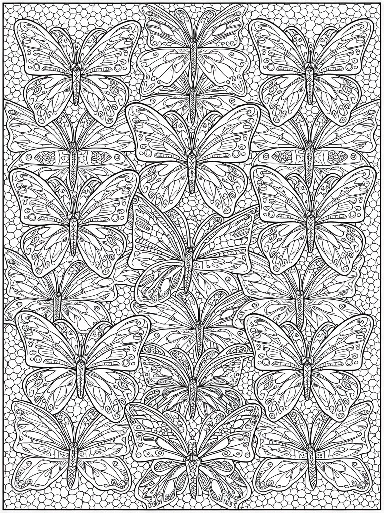 Black and white line art coloring page of numerous detailed butterflies arranged in a repeating grid pattern.
