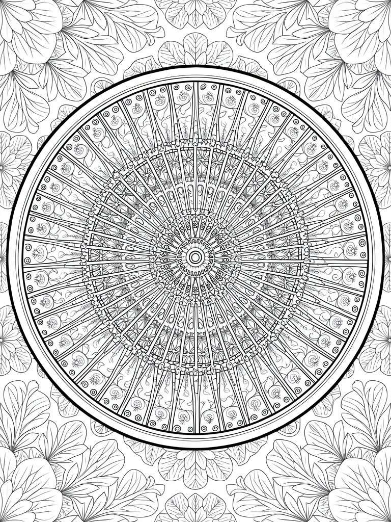 Black line drawing of a highly detailed circular mandala with radiating wheel spokes, geometric patterns, and floral border elements.