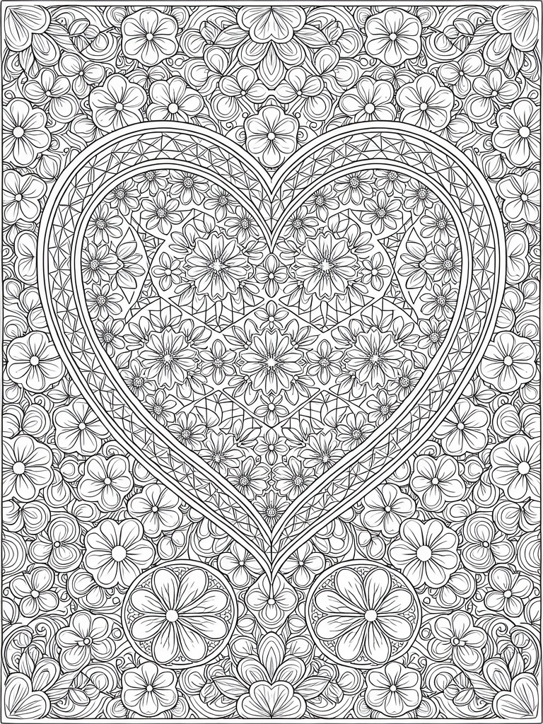 Detailed black line art of a heart shape filled and bordered by intricate small flowers and swirling patterns.