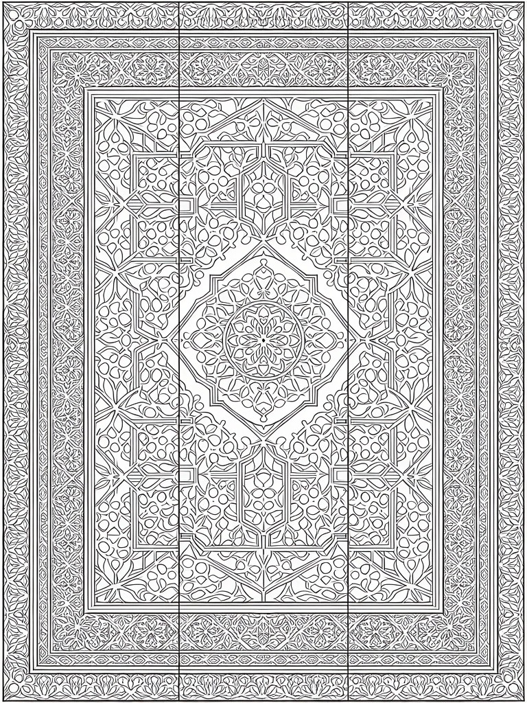 Black line art of a rectangular arabesque rug pattern with central circular medallion, paneled borders, and dense geometric and floral motifs.