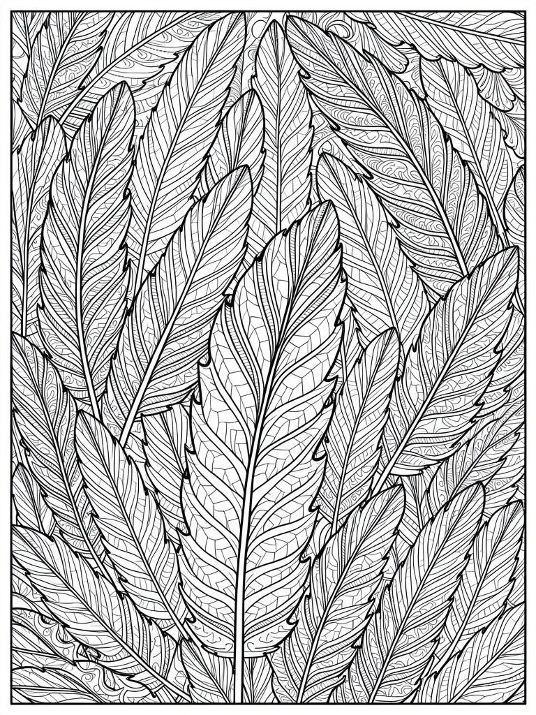 Black line art of overlapping feathers in varied orientations filling a rectangular page.