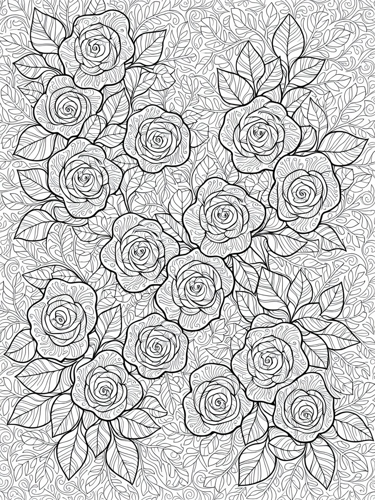 Black and white line art of clustered roses, leaves, and swirling patterns filling a vertical page.