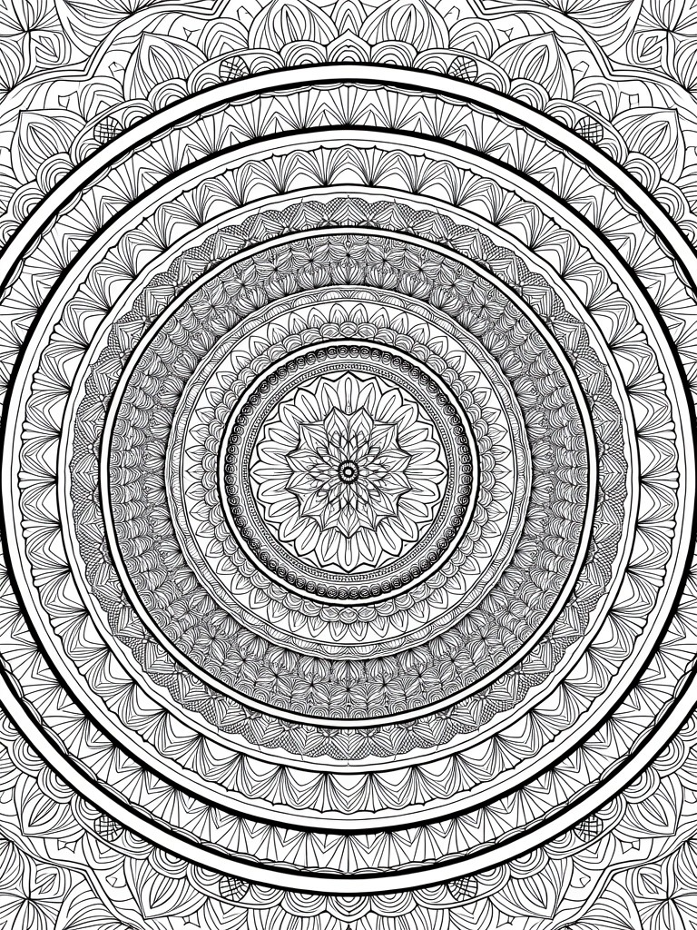 Black line art of a circular mandala with symmetrical floral, swirl, and geometric patterns in concentric rings.