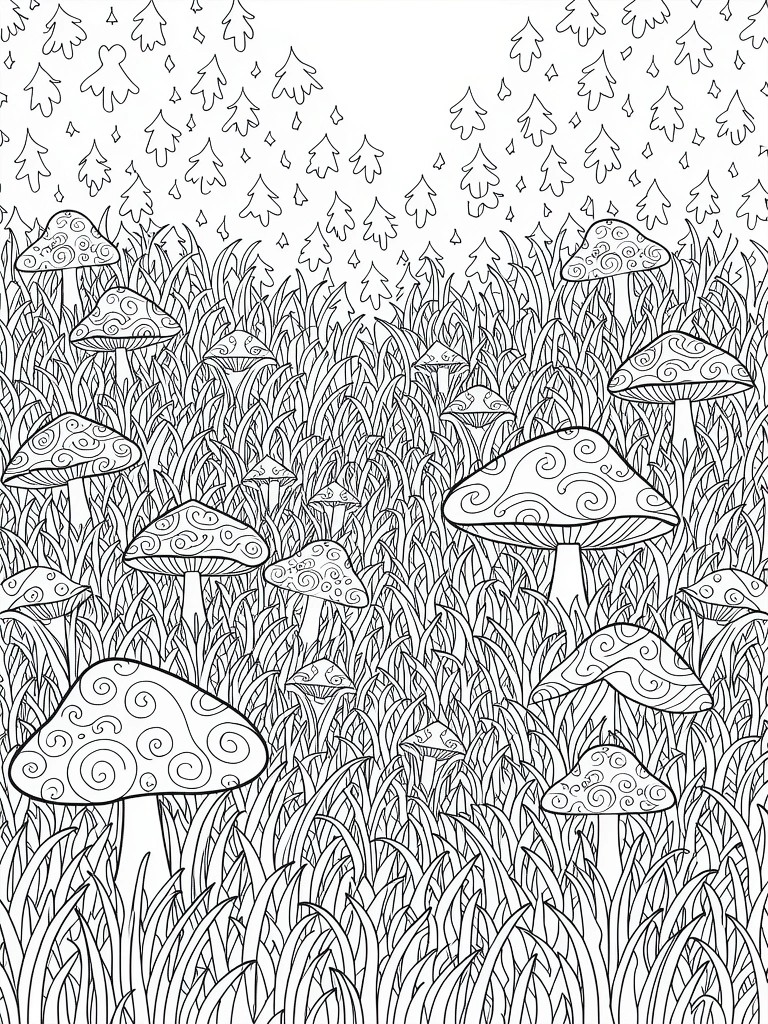 Black and white line drawing of pine trees falling from the sky into a field of patterned mushrooms amid tall grass.