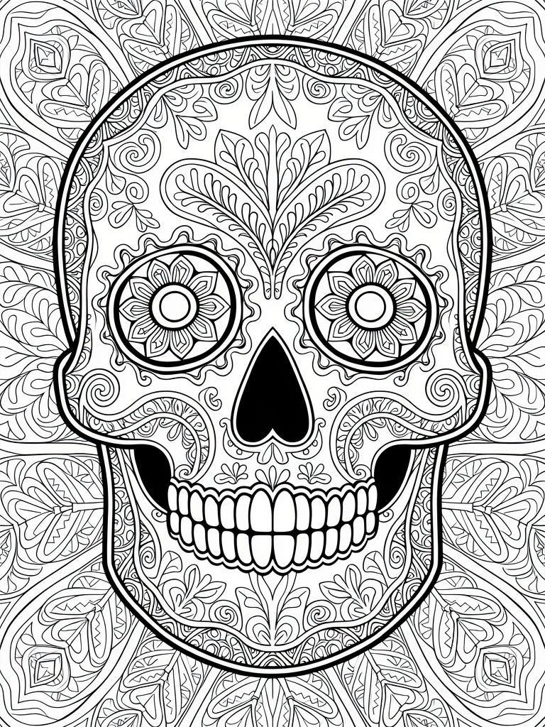 Detailed black line art of a symmetric sugar skull with floral mandala patterns filling the page.