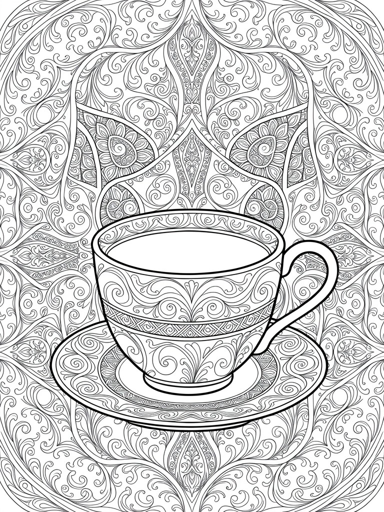 Line art coloring page of a teacup on a saucer centered amid intricate swirling floral and geometric border patterns.