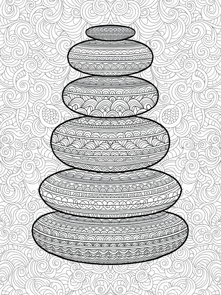 A black-line coloring page of seven stacked oval stones with intricate mandala patterns on a swirling wavy background.
