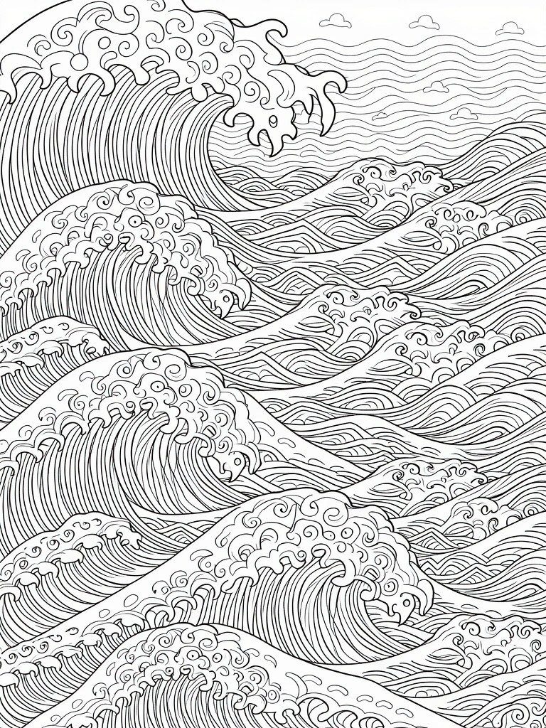 Black and white line art of multiple layered, swirling ocean waves in Japanese print style with distant clouds.