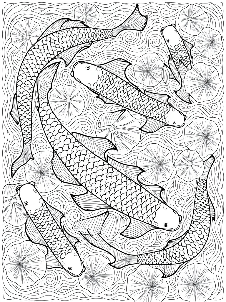 Line drawing of four koi fish intertwined with lotus flowers and wave patterns in a circular composition.