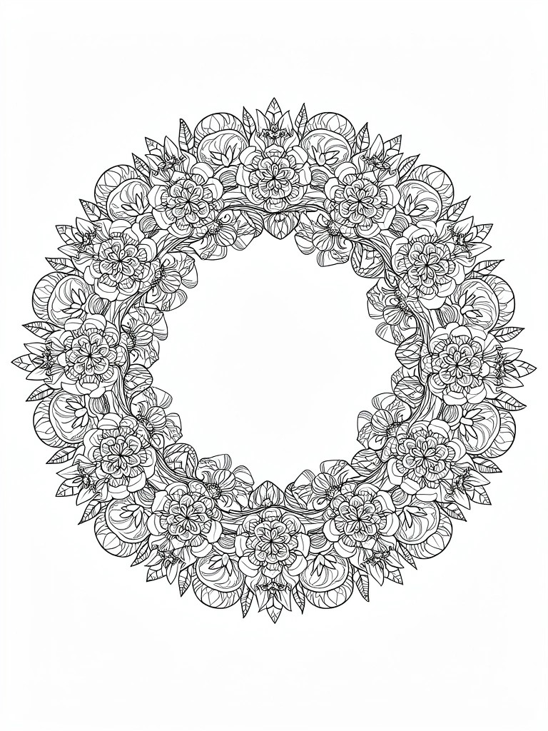 Black line art of a circular wreath with detailed flowers, leaves, and vines around an empty center.