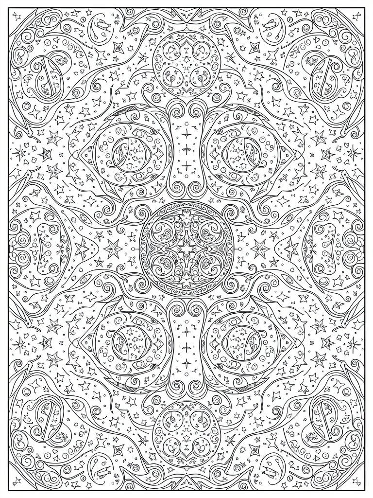 Symmetrical line art mandala with central circle, swirling vines, stars, and crescent moons in ornate repeating patterns.
