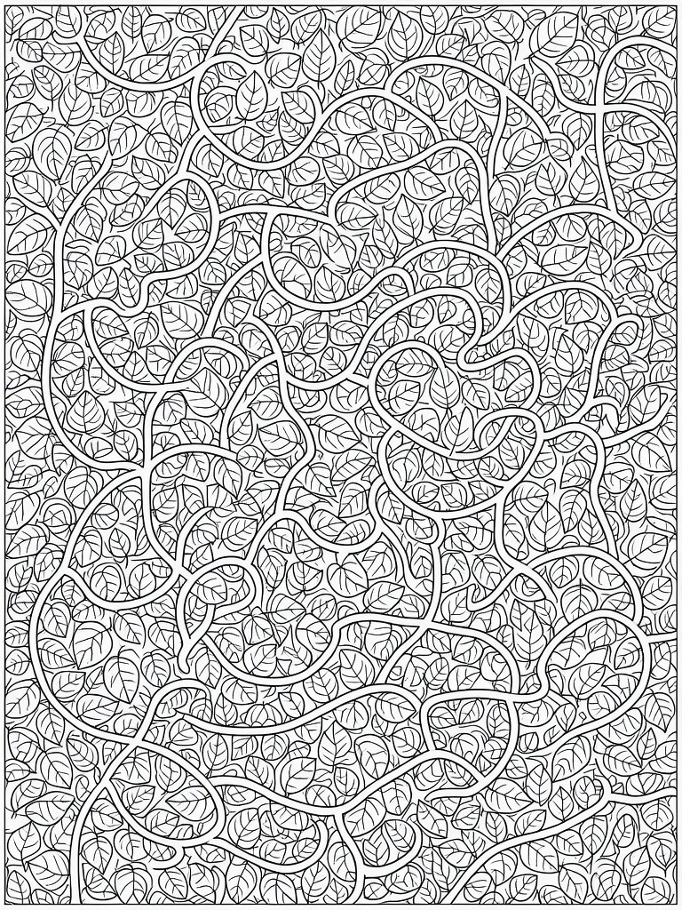Black and white coloring page completely filled with intricate overlapping leaves connected by stems and veins.