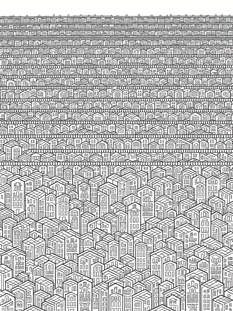 A black line art coloring page of countless tiny houses densely packed in stacked rows forming a tall rectangular city block.