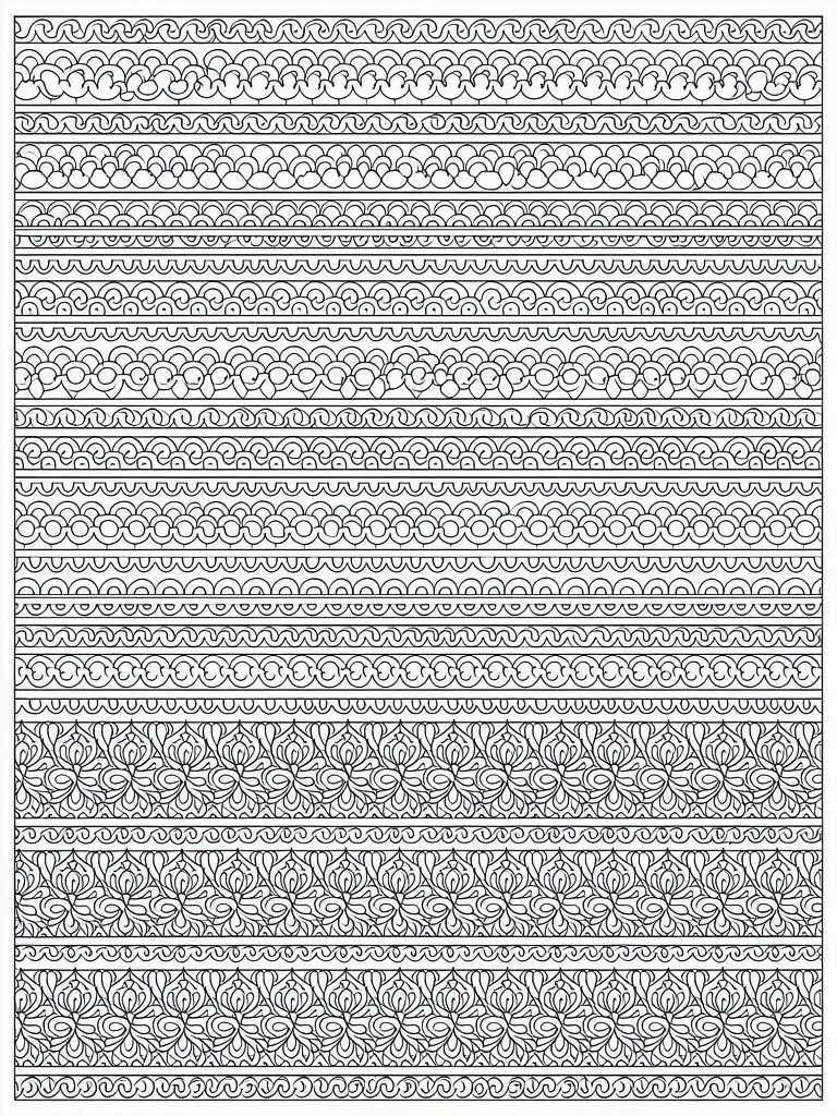 Vertical page filled with stacked horizontal rows of repeating ornamental border patterns in fine line art.