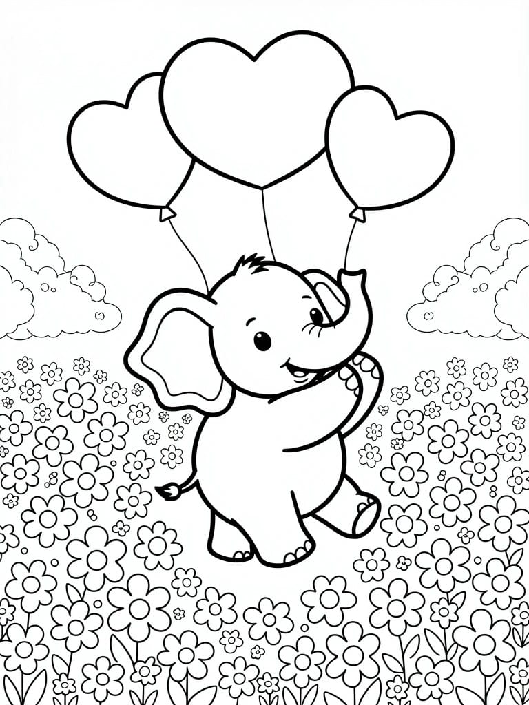 Black line drawing of a cute baby elephant holding heart balloon strings above a flower field with clouds.