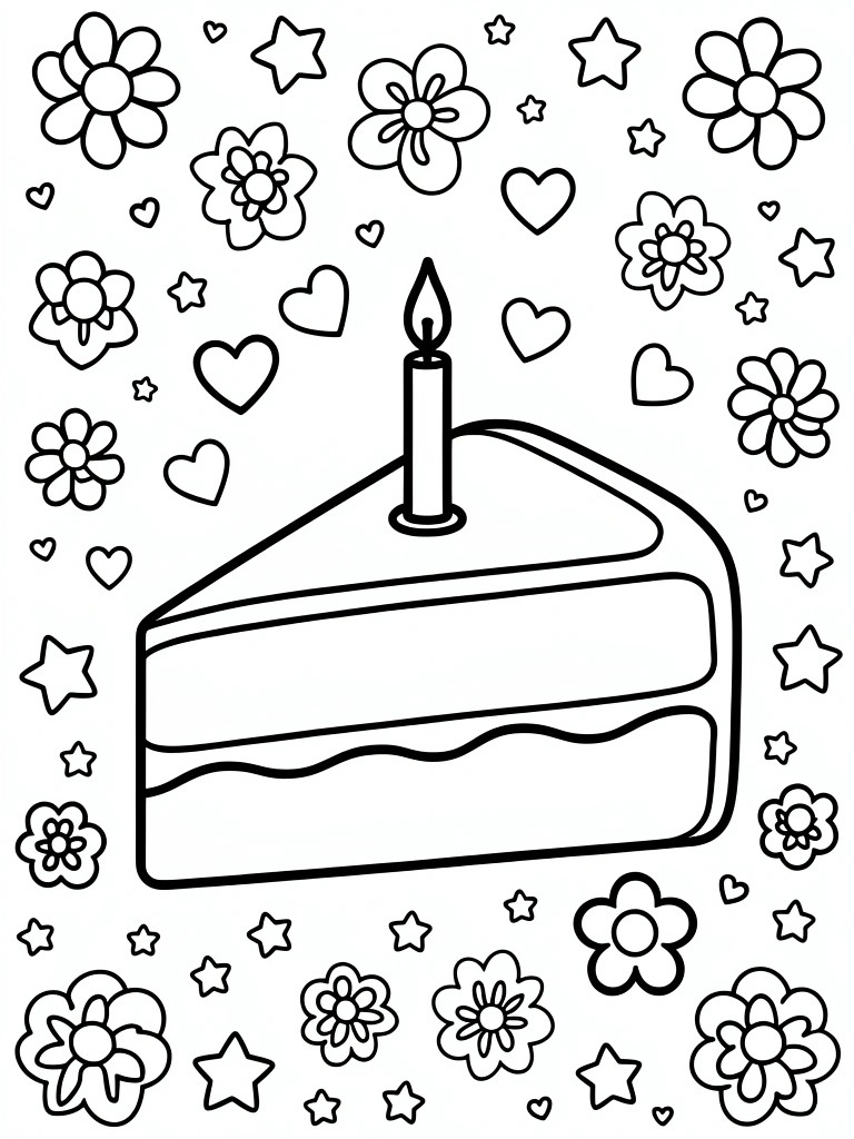Line drawing of a birthday cake slice with candle, surrounded by flowers, stars, and hearts.