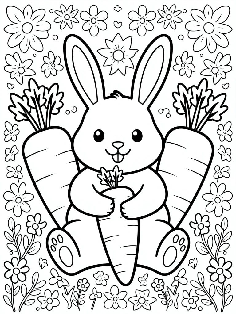 Black and white line drawing of a cute bunny rabbit holding a carrot between two large carrots, surrounded by flowers and leaves.