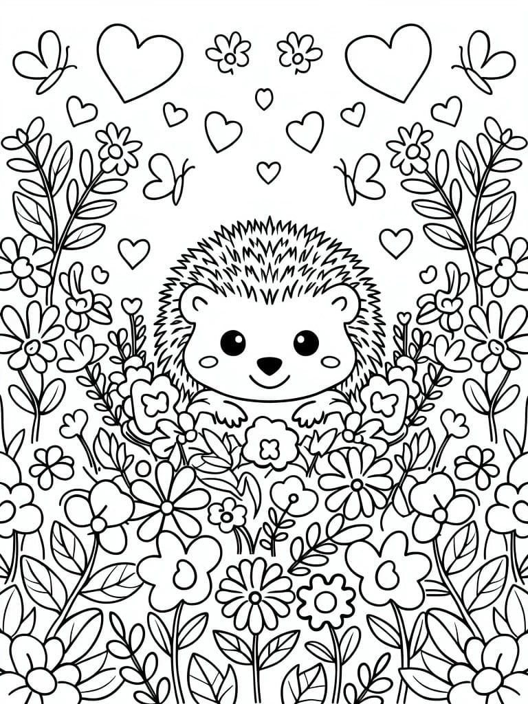 Black line art coloring page of a smiling hedgehog surrounded by flowers, hearts, butterflies, and leaves.