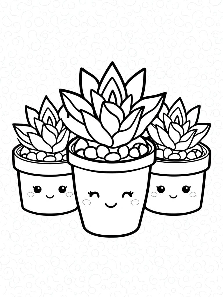 Line art coloring page of three potted succulents with detailed leaves and cute faces on the pots.
