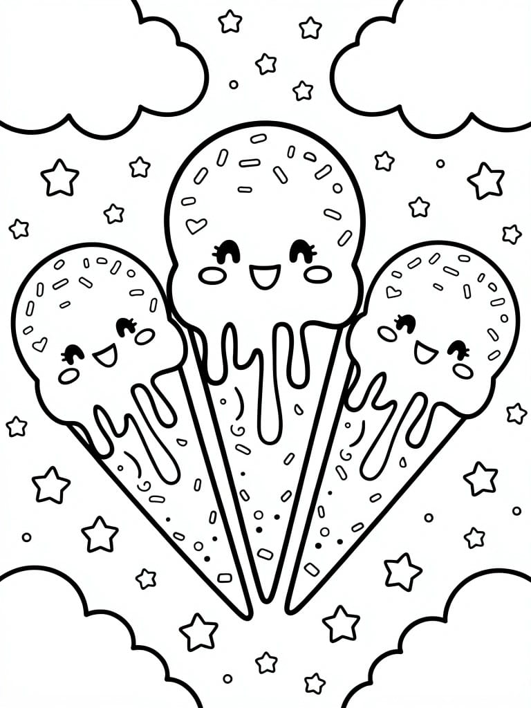 Coloring page of three smiling ice cream cones with sprinkles and drips, framed by stars and clouds.