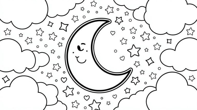21 Cute Aesthetic Coloring Pages That Feel Extra Sweet Black outline coloring page featuring a smiling crescent moon face amid stars, hearts, and puffy clouds.