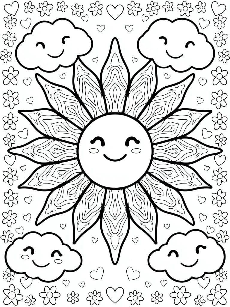 Line art coloring page of a central smiling sunflower sun with patterned petals, surrounded by four smiling clouds and a border of hearts, flowers, and stars.
