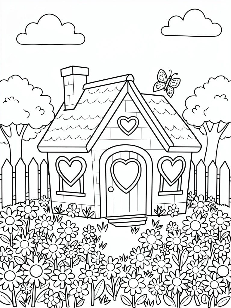 Black line drawing of a cute house with heart windows and door, surrounded by daisies, trees, picket fence, butterfly, and clouds.