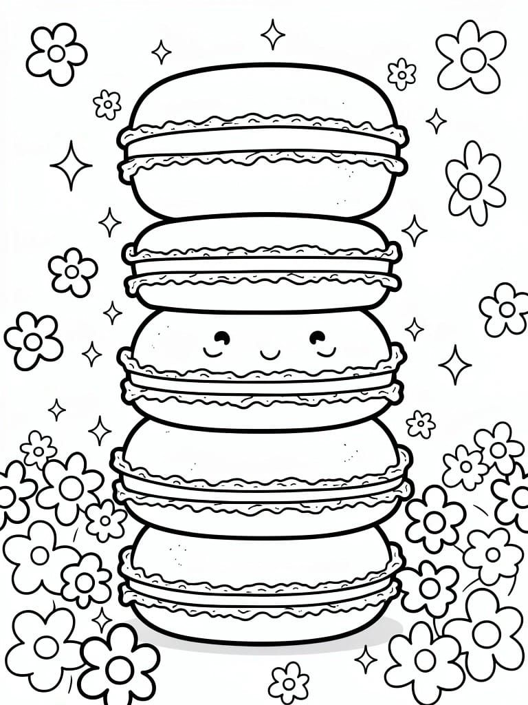Black line art of four stacked macarons with a smiling face on one, surrounded by flowers and sparkles.