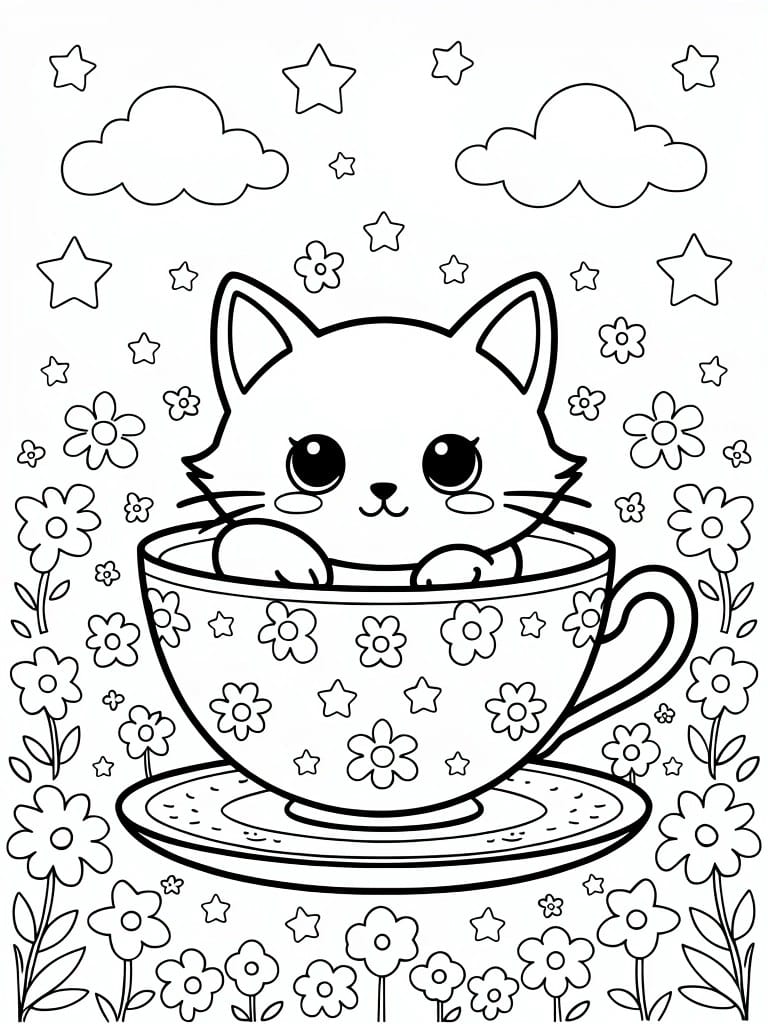 Black line drawing of a kitten sitting in a patterned teacup on a saucer, surrounded by flowers, stars, and clouds.