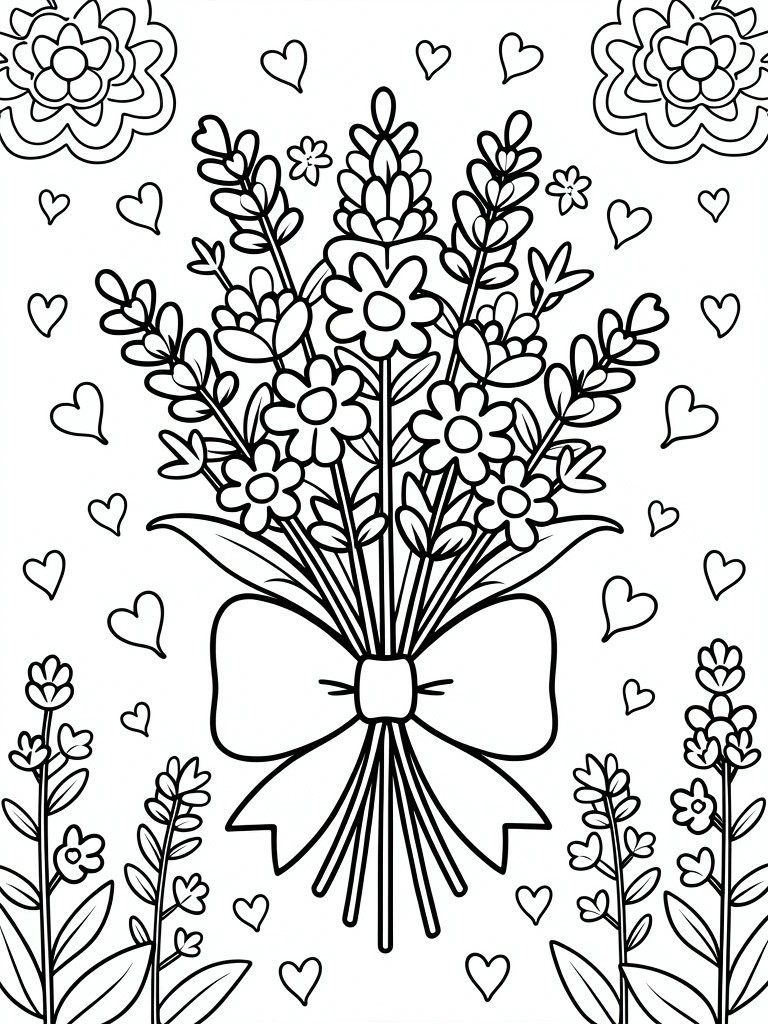 Line art coloring page of a central lavender bouquet tied with a bow, surrounded by floating hearts and small lavender sprigs.