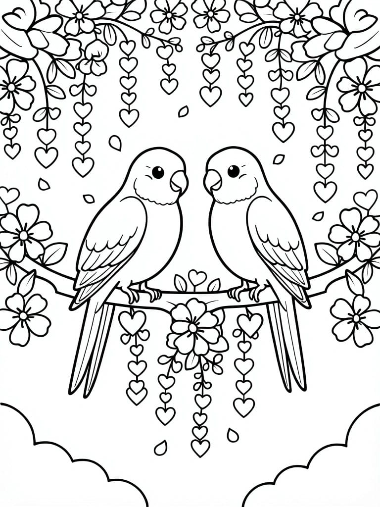 Coloring page featuring two parakeets on a branch under hanging vines of hearts and flowers with clouds below.