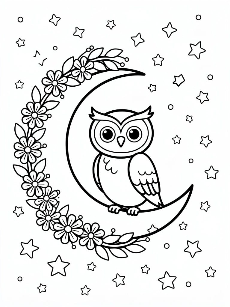 Line drawing of an owl perched on a crescent moon wrapped in floral vines, surrounded by stars.