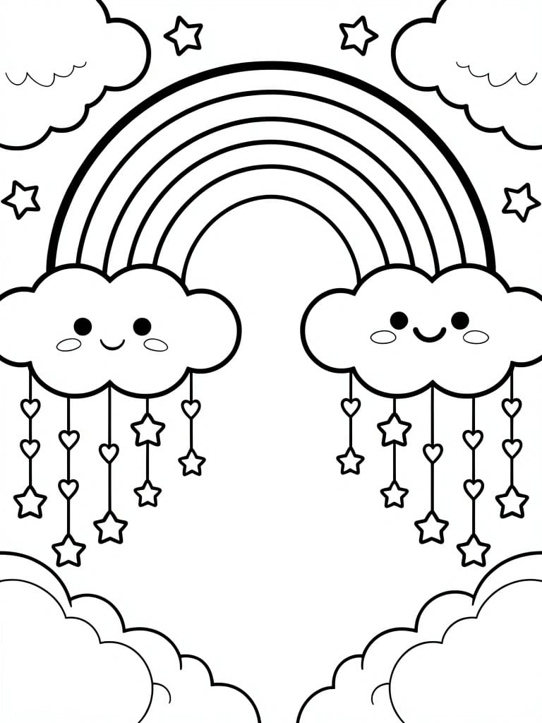 Black outline coloring page of a rainbow arched between two happy-faced clouds with hanging hearts and stars, plus surrounding stars and bottom clouds.