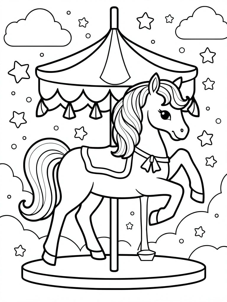 Line drawing of a rearing white unicorn horse on a carousel with striped canopy, stars, clouds, and circular base.