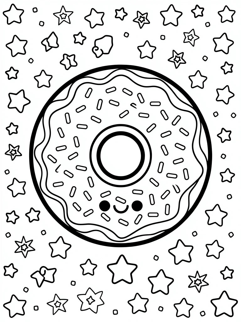 Black outline coloring page of a smiling donut with sprinkles centered amid scattered stars.